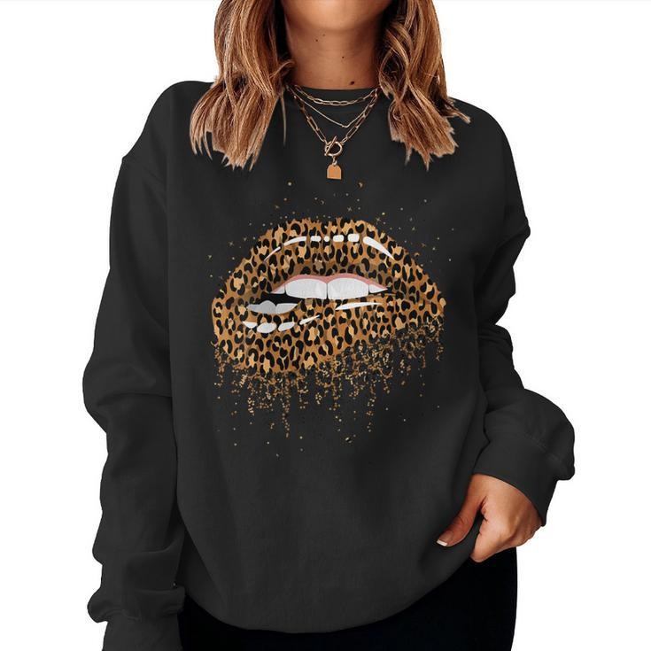 Womens Womens Cool Lips Bite Kiss Me Leopard Print Women Sweatshirt