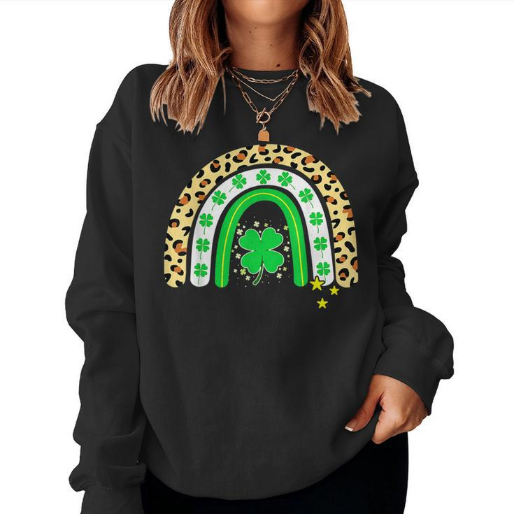 St Patrick’S Day Cute Rainbow Leopard Shamrock Clover  Women Crewneck Graphic Sweatshirt