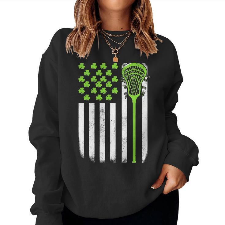 St Patricks Day Lacrosse Lax Usa Flag Women Irish Shamrock Women Crewneck Graphic Sweatshirt
