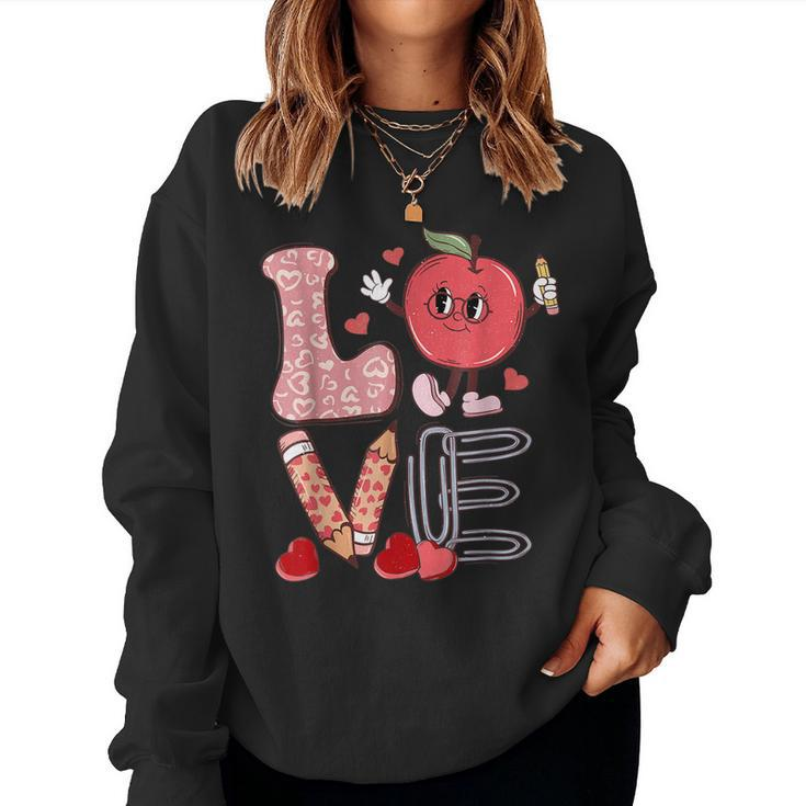 Teacher Love Retro Groovy Teachers Valentines Day  Women Crewneck Graphic Sweatshirt
