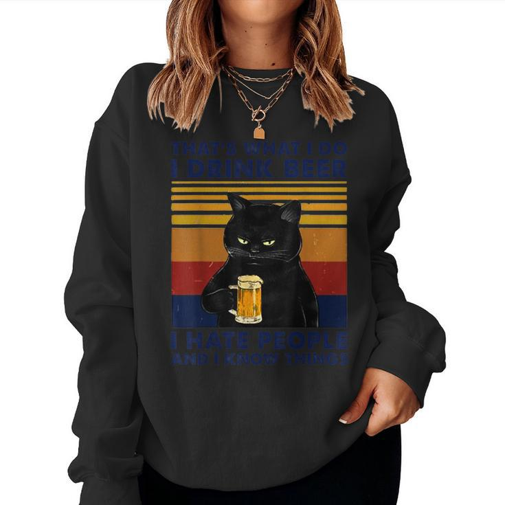 Thats What I Do I Drink Beer I Hate People Black Cat Funny  Women Crewneck Graphic Sweatshirt