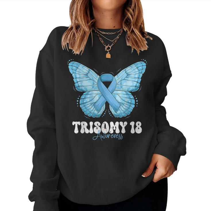 Trisomy 18 Awareness Month Light Blue Ribbon Butterfly Women Sweatshirt