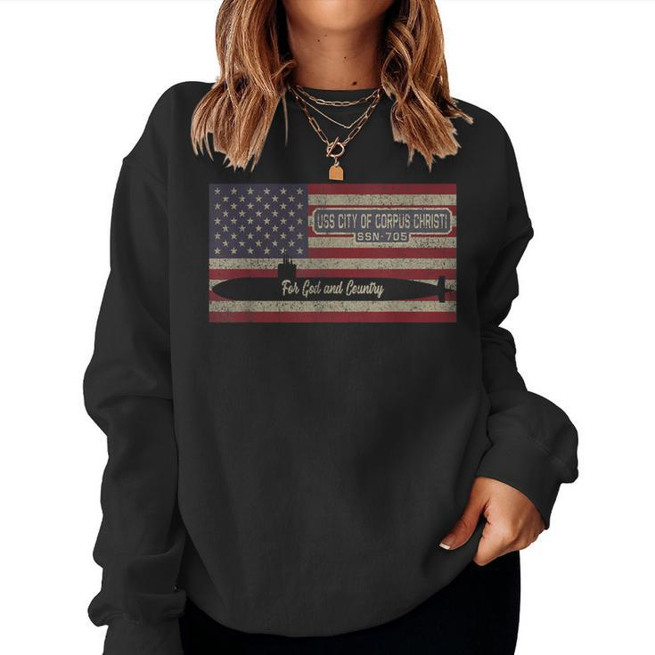 Uss City Of Corpus Christi Ssn-705 Submarine American Flag  Women Crewneck Graphic Sweatshirt