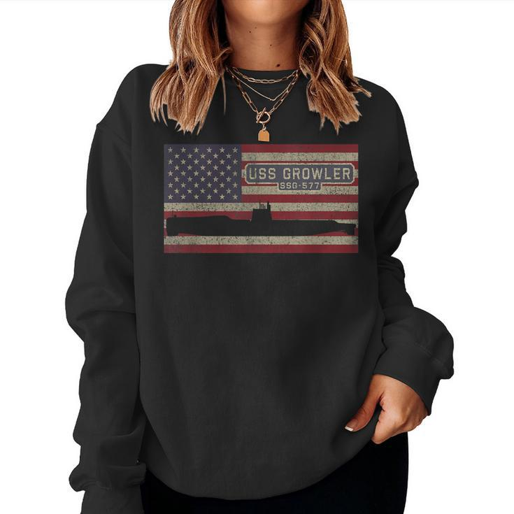 Uss Growler Ssg-577 Guided Missile Submarine American Flag  Women Crewneck Graphic Sweatshirt
