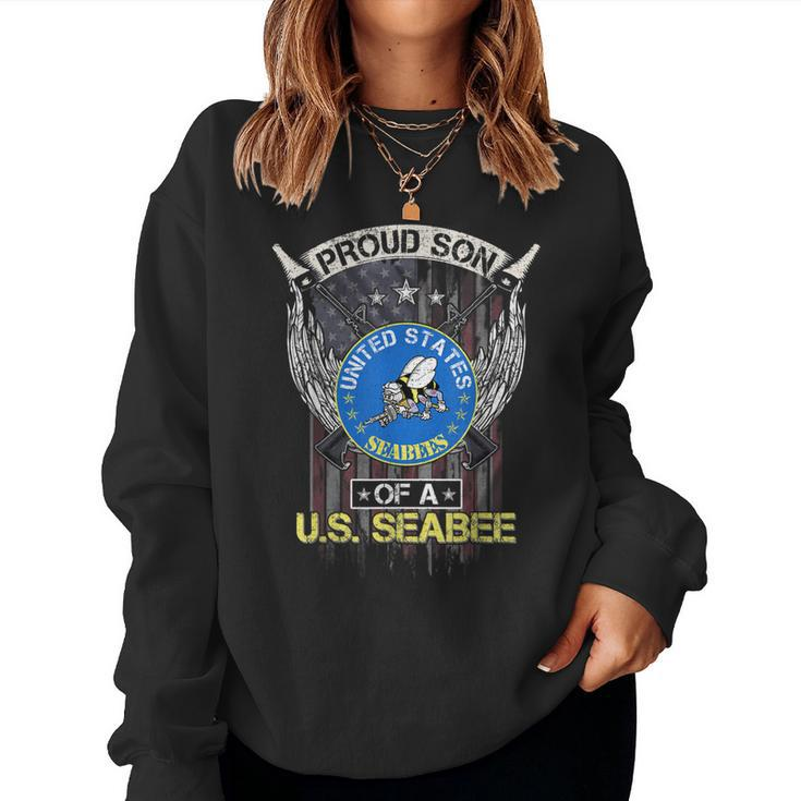 Vintage Usa American Flag Proud Son Of A Us Seabee Veteran  Women Crewneck Graphic Sweatshirt