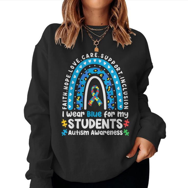 I Wear Blue For My Students Leopard Rainbow Autism Awareness Women Sweatshirt