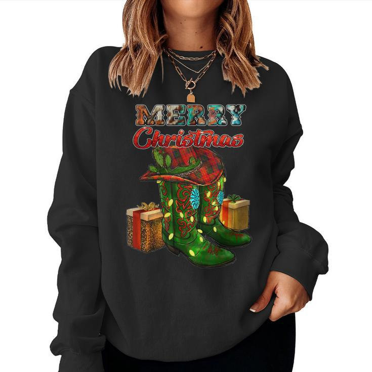 Western Texas Cow Print Cowboy Boots Hat Merry Christmas Women Sweatshirt