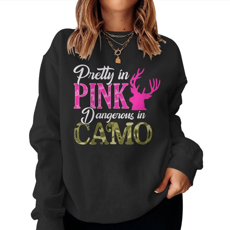 Womens Cute Camoflauge Pretty In Pink Dangerous In Camo Hunter Girl  Women Crewneck Graphic Sweatshirt