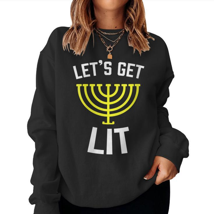 Womens Lets Get Lit Jewish  - Humor Funny Gift Hanukkah   Women Crewneck Graphic Sweatshirt