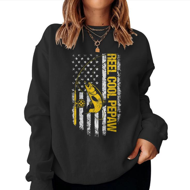 Womens Reel Cool Pepaw Fishing Dad Joke Usa Flag Fathers Day  Women Crewneck Graphic Sweatshirt - Thegiftio