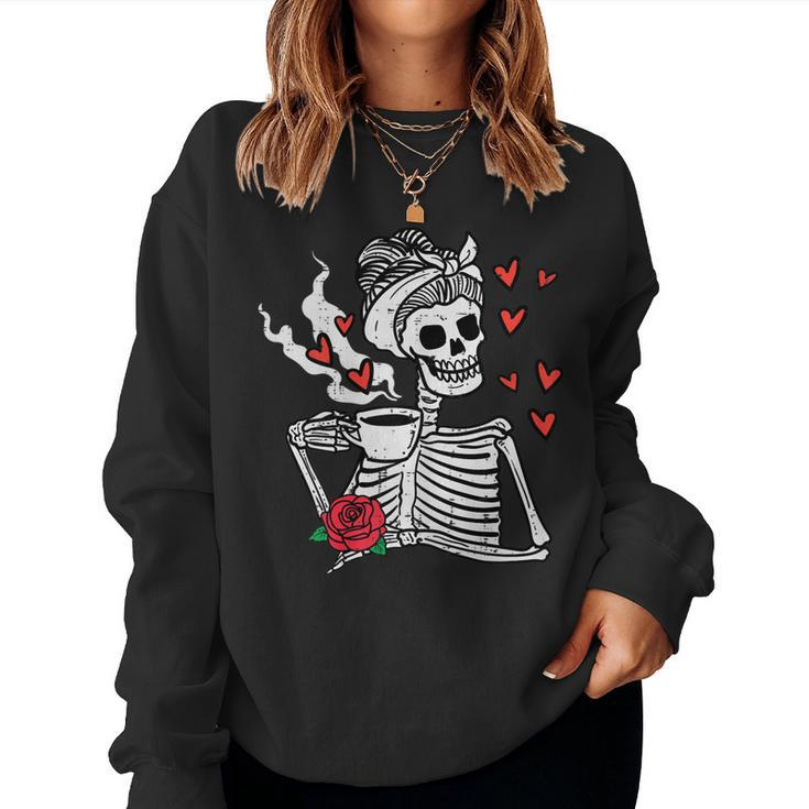 Womens Valentines Day Woman Skeleton Messy Bun Coffee Funny Women  Women Crewneck Graphic Sweatshirt - Thegiftio