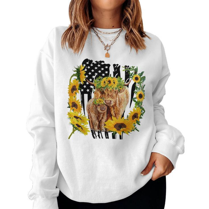 American Flag Sunflower Baby And Mother Highland Cow Women Sweatshirt