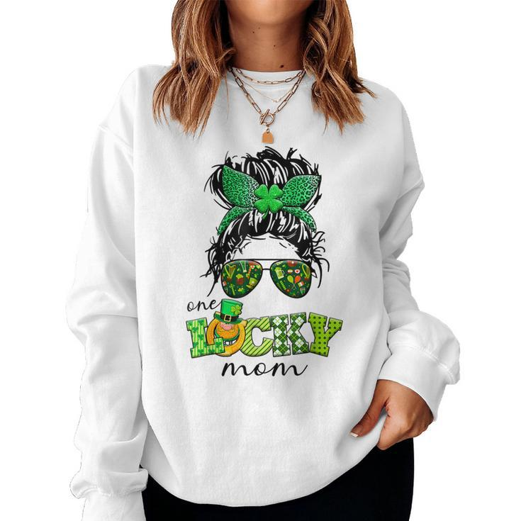 Bleached Shamrock One Lucky Mom Messy Bun St Patricks Day  Women Crewneck Graphic Sweatshirt