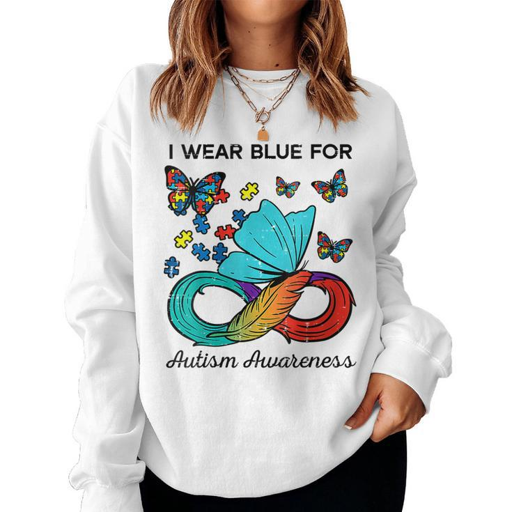 Womens Butterfly Ribbon I Wear Blue For Autism Awareness Puzzle Women Sweatshirt