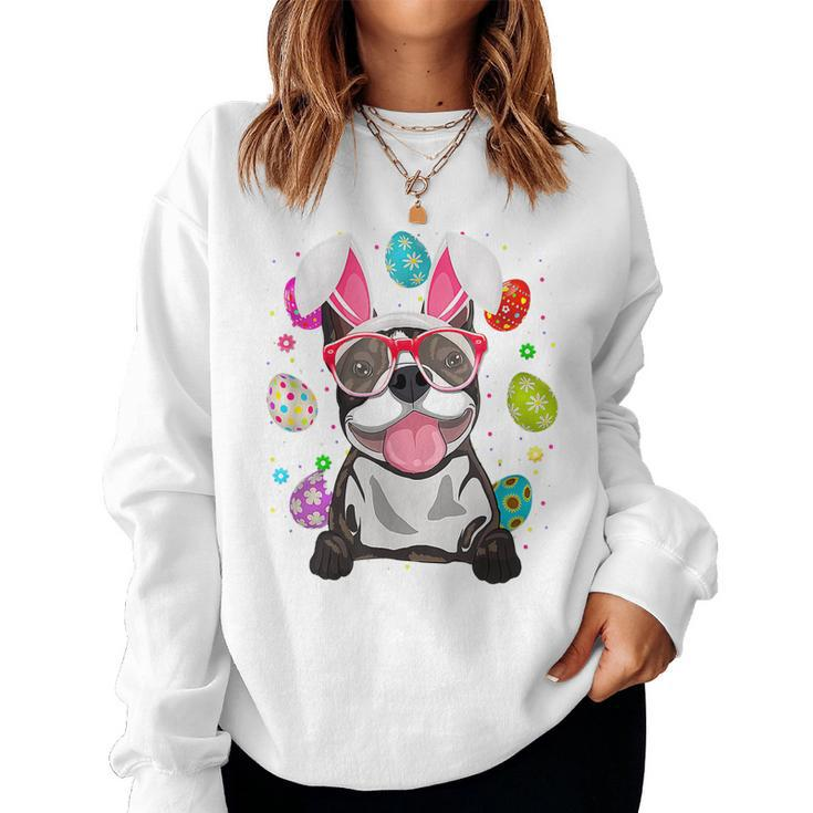 Womens Cute Bunny Boston Terrier Dog Face Easter Eggs Easter Women Sweatshirt