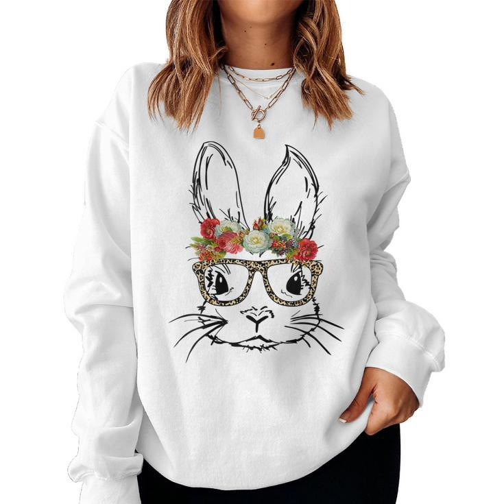 Cute Mom N Girls Easter Bunny With Glasses Leopard Print Women Sweatshirt