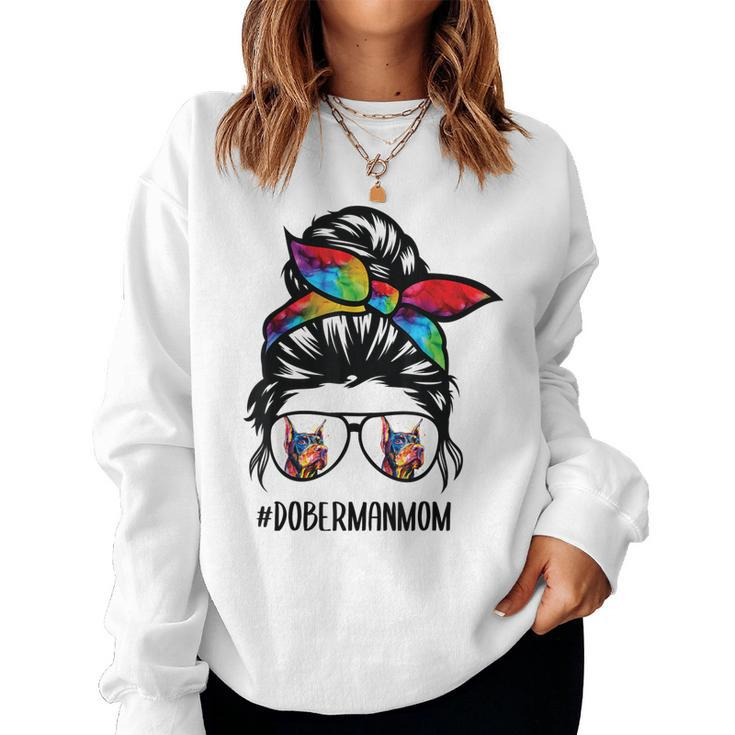 Doberman Dog Mom Messy Bun Hair Glasses Dobie Mom Messy Bun  Women Crewneck Graphic Sweatshirt