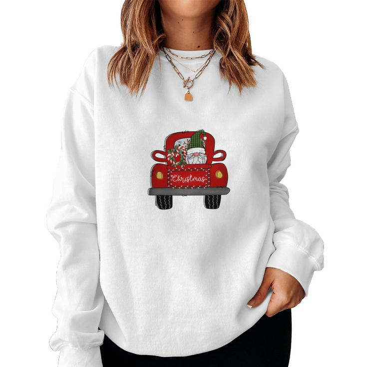 Funny Christmas Gnomes Red Truck Women Crewneck Graphic Sweatshirt