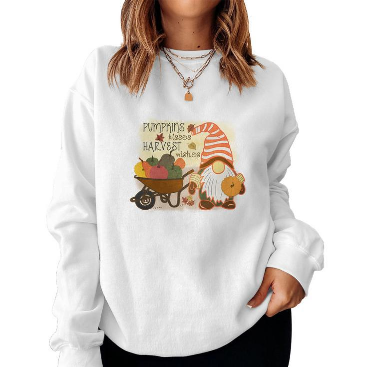 Funny Fall Gnomes Pumpkin Kisses And Harvest Wishes Women Crewneck Graphic Sweatshirt