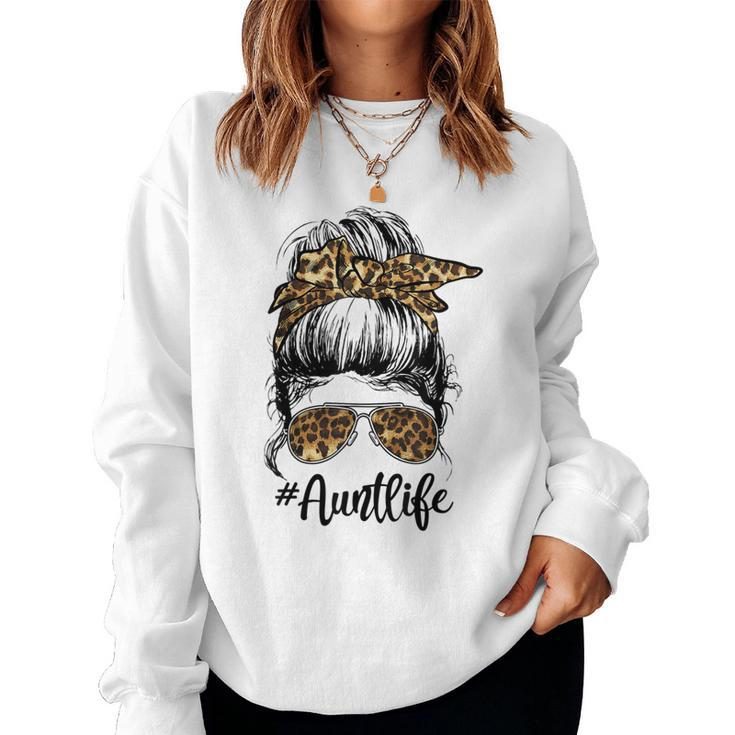 Leopard Auties Aunt Life Cute Messy Bun Girl Women Sweatshirt