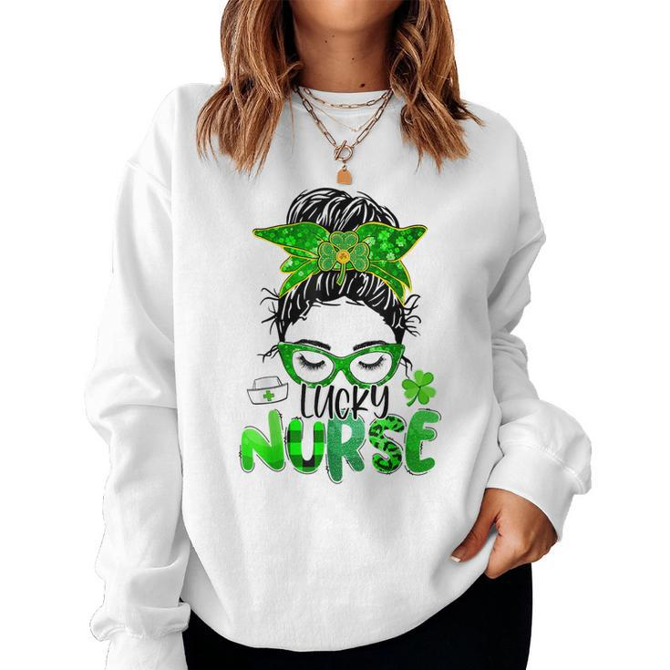 Lucky Nurse St Patricks Day Nurse Shamrock Messy Bun Mom  Women Crewneck Graphic Sweatshirt
