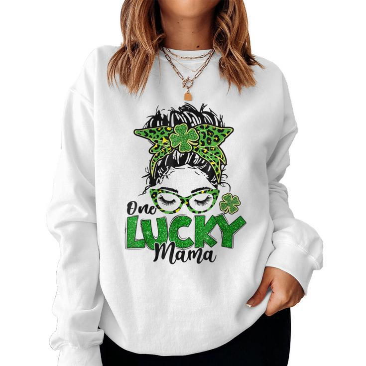 One Lucky Mama St Patricks Day Messy Bun Leopard Bandana Women Sweatshirt