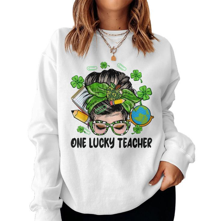 One Lucky Teacher Afro Messy Bun Patricks Day Shamrock  Women Crewneck Graphic Sweatshirt