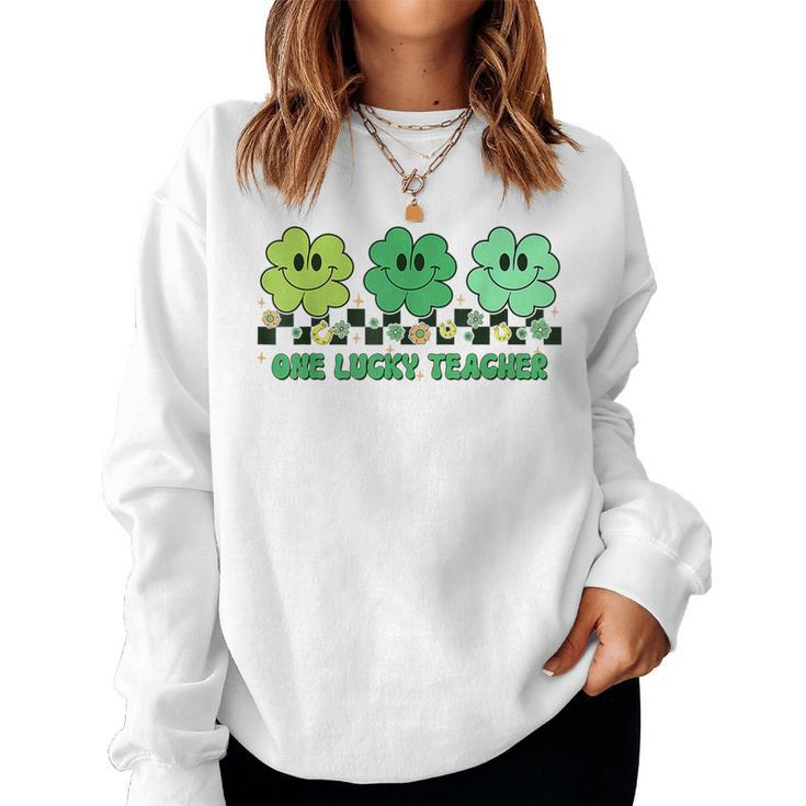 One Lucky Teacher Shamrock St Patricks Day Groovy Retro  Women Crewneck Graphic Sweatshirt