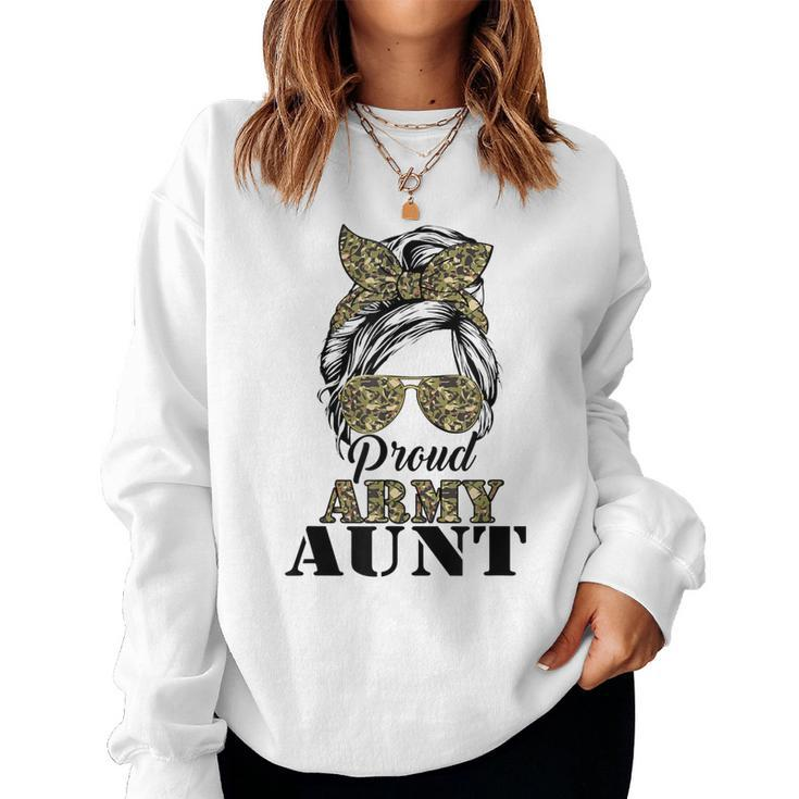 Proud Army Aunt Camouflage Messy Bun Soldier Mothers Day  Women Crewneck Graphic Sweatshirt