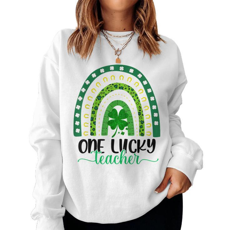 Rainbow Leopard One Lucky Teacher St Patricks Day Shamrock  Women Crewneck Graphic Sweatshirt