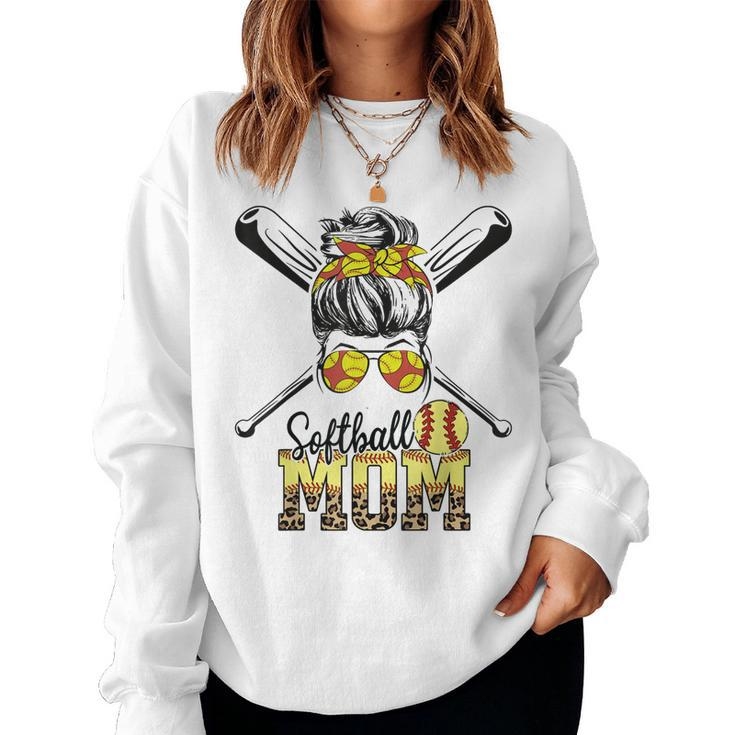 Softball Mom Messy Bun Leopard Softball 2023 Women Sweatshirt