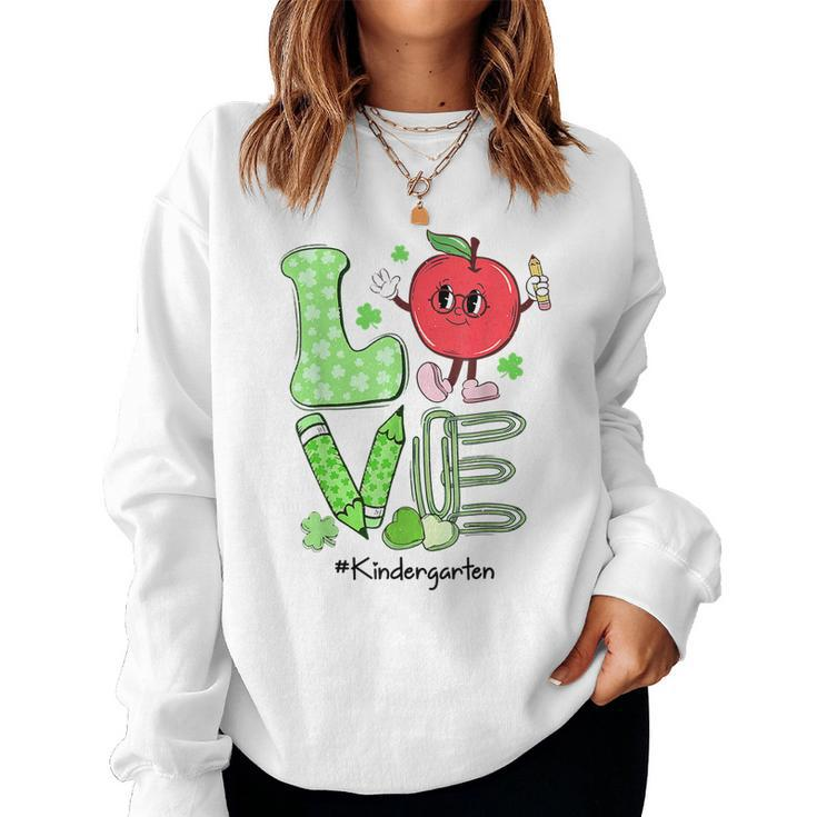 St Patricks Day Kindergarten Teacher Love Retro Groovy  Women Crewneck Graphic Sweatshirt
