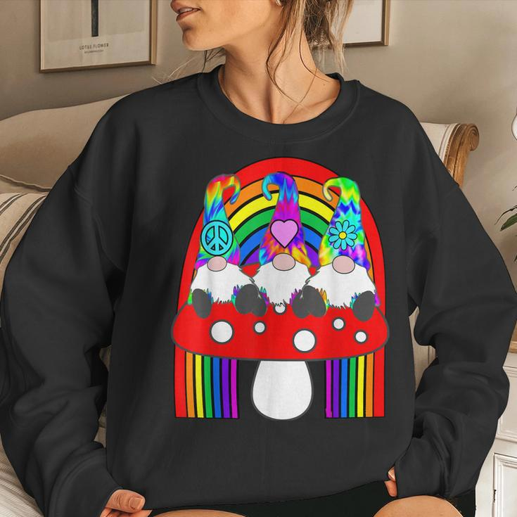 3 Hippie Gnomes On Mushroom Under Rainbow Whimsical Women Sweatshirt Gifts for Her