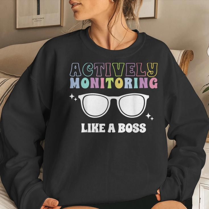 Actively Monitoring Like A Boss Testing Day Funny Teacher Women Crewneck Graphic Sweatshirt Gifts for Her