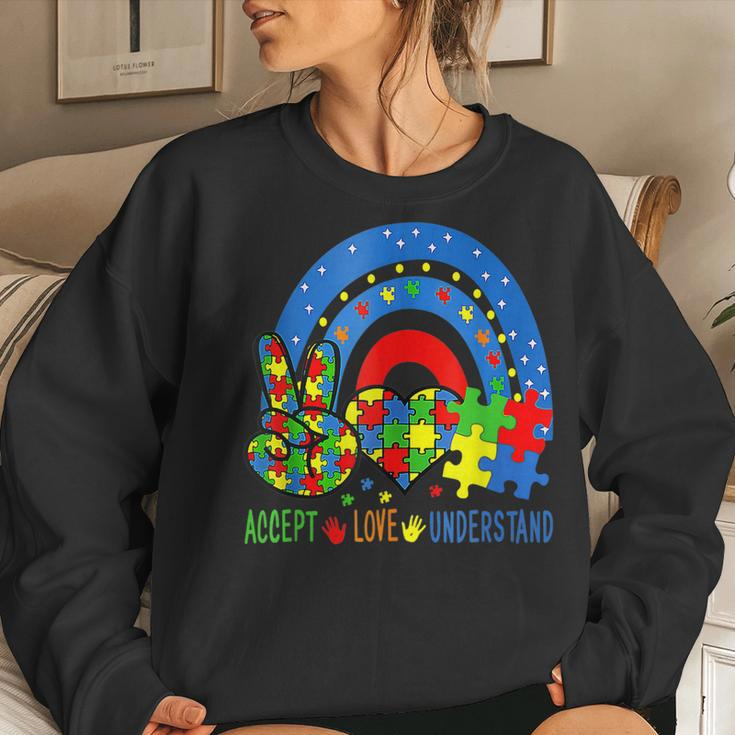 Autism Accept Love Understand Puzzle Pieces Tie Dye Rainbow Women Crewneck Graphic Sweatshirt Gifts for Her
