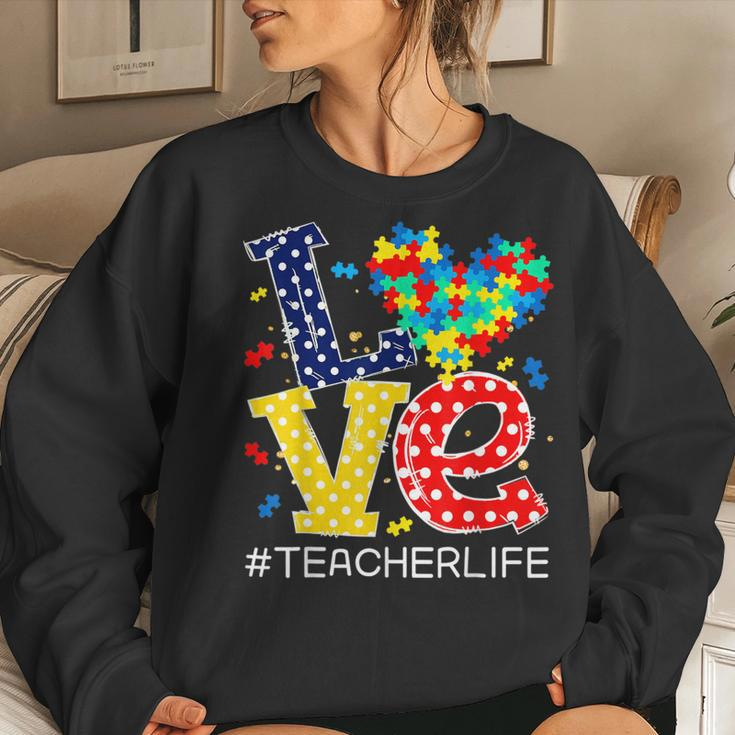 Autism Awareness Month Love Heart Puzzle Piece Teacher Life Women Crewneck Graphic Sweatshirt Gifts for Her