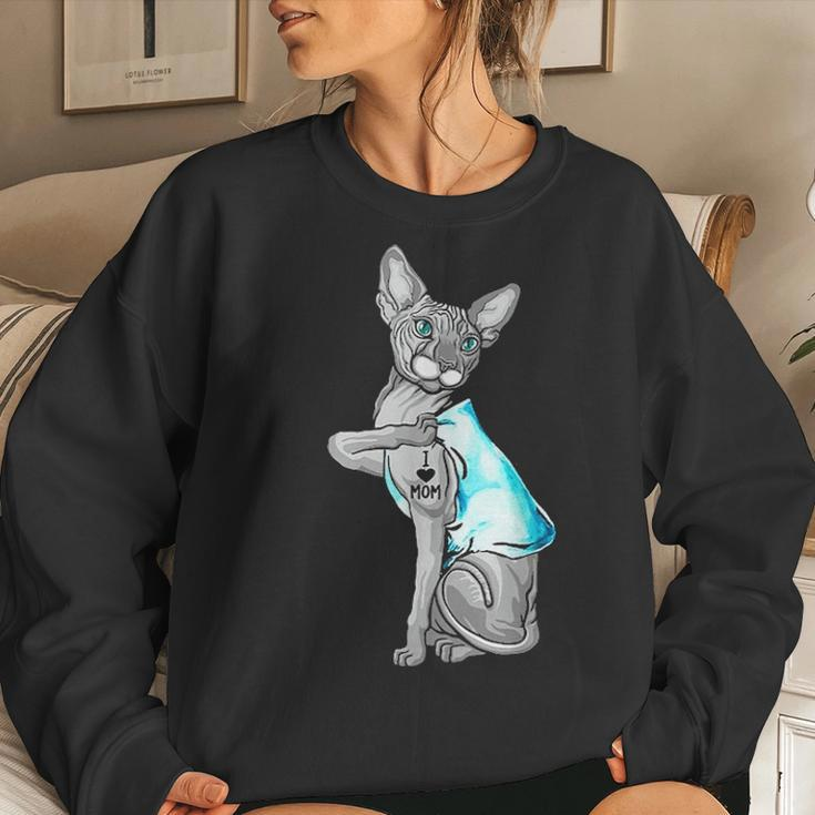 Badass Sphynx Cat I Love Mom Tattooed Women Crewneck Graphic Sweatshirt Gifts for Her