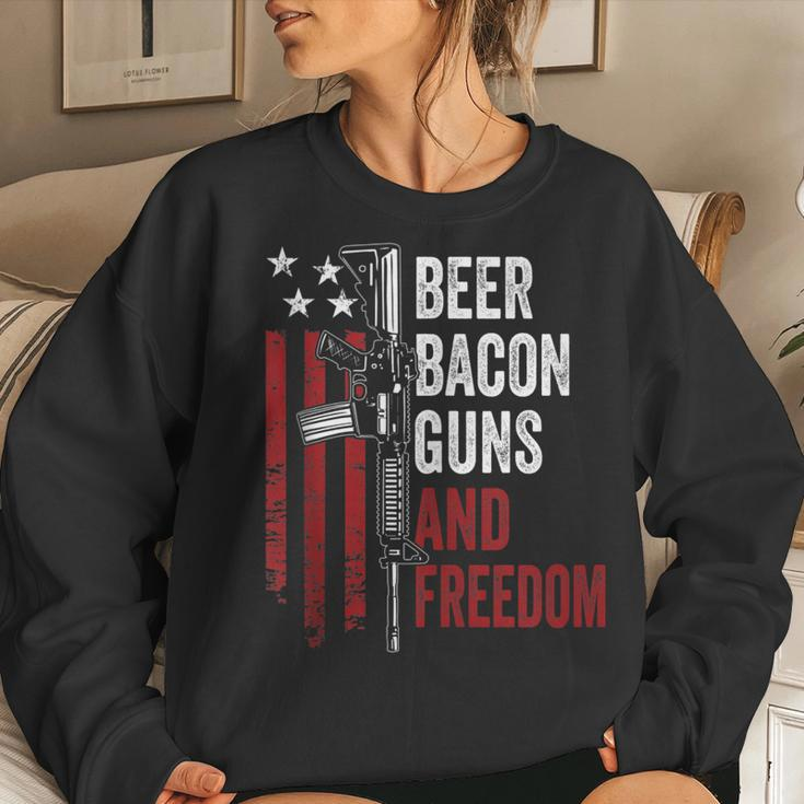 Beer Bacon Guns & Freedom - Funny Bbq Gun Usa Flag Drinking Women Crewneck Graphic Sweatshirt Gifts for Her