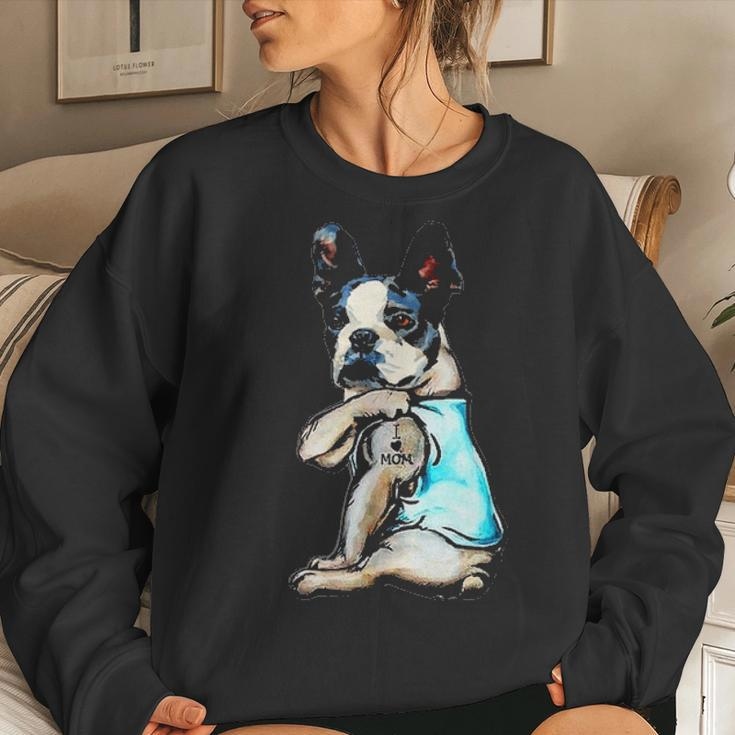 Boston Terrier I Love Mom Tattoo Mothers Day Gift V2 Women Crewneck Graphic Sweatshirt Gifts for Her