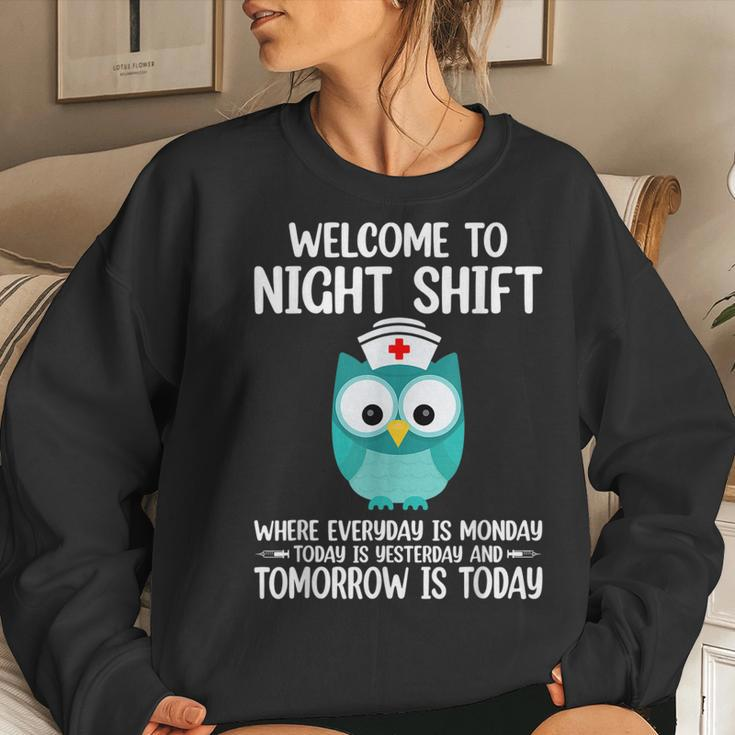 Bsn Lpn Cna Funny Nursing Owl Welcome To Night Shift Nurse Women Crewneck Graphic Sweatshirt Gifts for Her