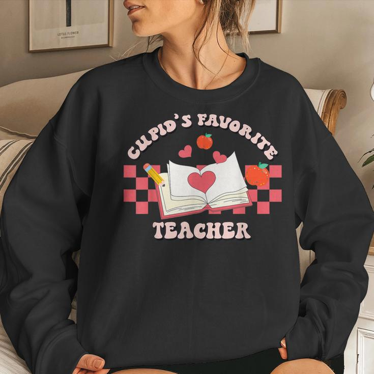 Cupids Favorite Teacher Happy Valentines Day Retro Groovy Women Crewneck Graphic Sweatshirt Gifts for Her