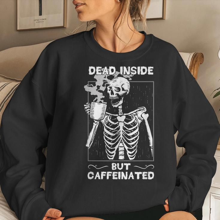 Dead Inside But Caffeinated Skeleton Drinking Coffee Funny Women Crewneck Graphic Sweatshirt Gifts for Her
