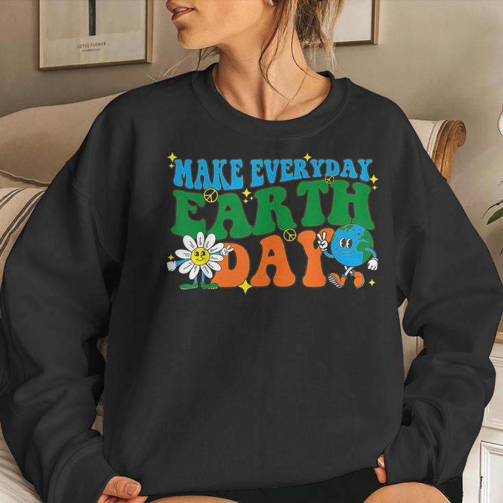 Make Everyday Earth Day Hippie Earth Flower Retro Groovy Women Sweatshirt Gifts for Her