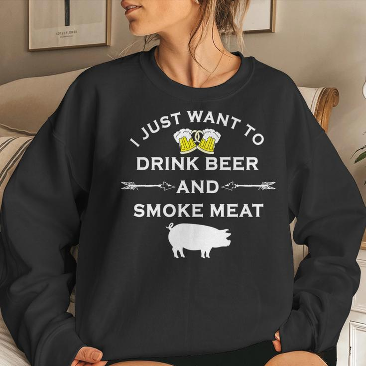 Funny Bbq Drink Beer Smoke Meat Grill Women Crewneck Graphic Sweatshirt Gifts for Her