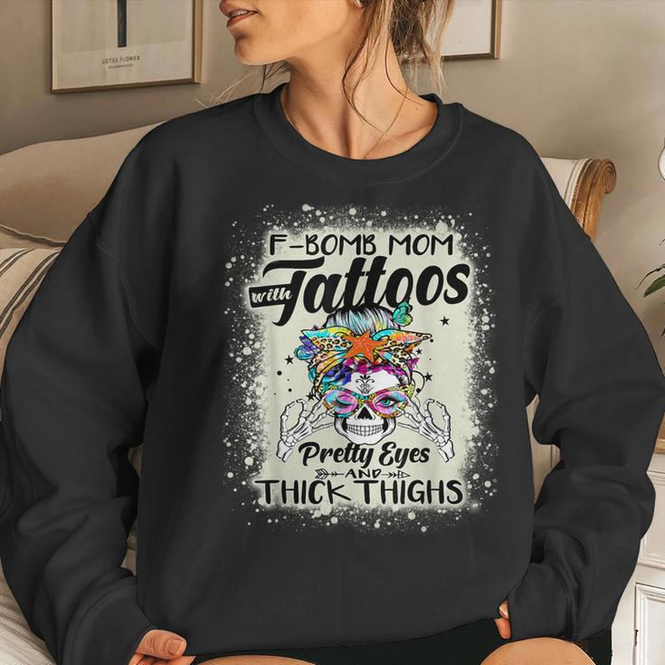 Funny F-Bomb Mom With Tattoos Pretty Eyes And Thick Thighs Women Crewneck Graphic Sweatshirt Gifts for Her