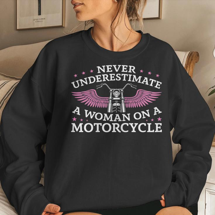 Funny Motorbiker Never Underestimate A Woman On A Motorcycle Gift For Womens Women Crewneck Graphic Sweatshirt Gifts for Her