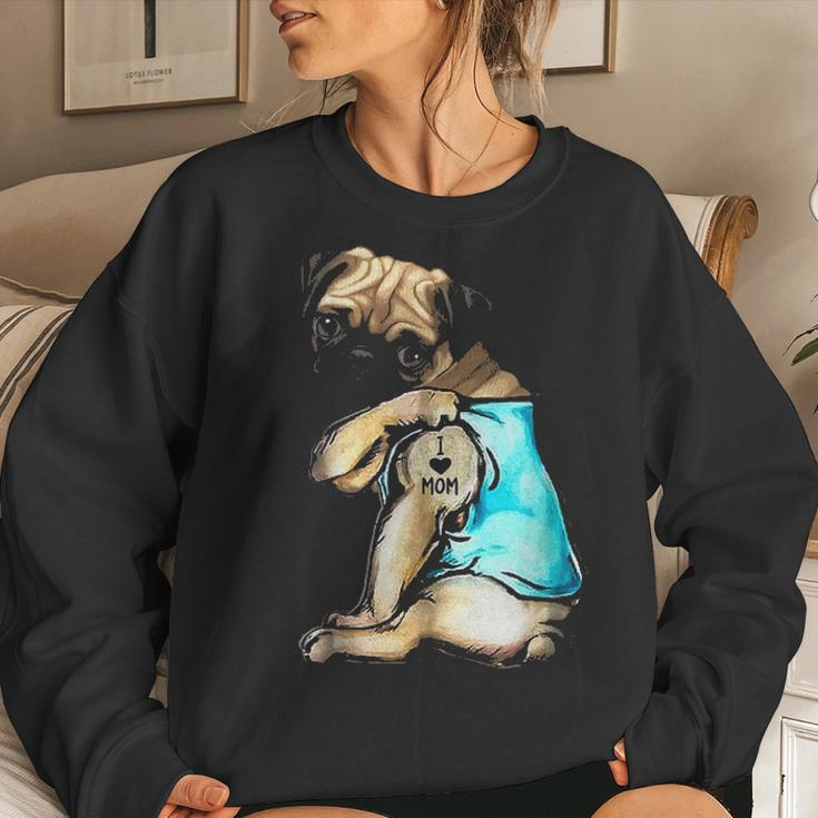 Funny Pug Dog I Love Mom Tattoo Pug Lover Gift Women Crewneck Graphic Sweatshirt Gifts for Her