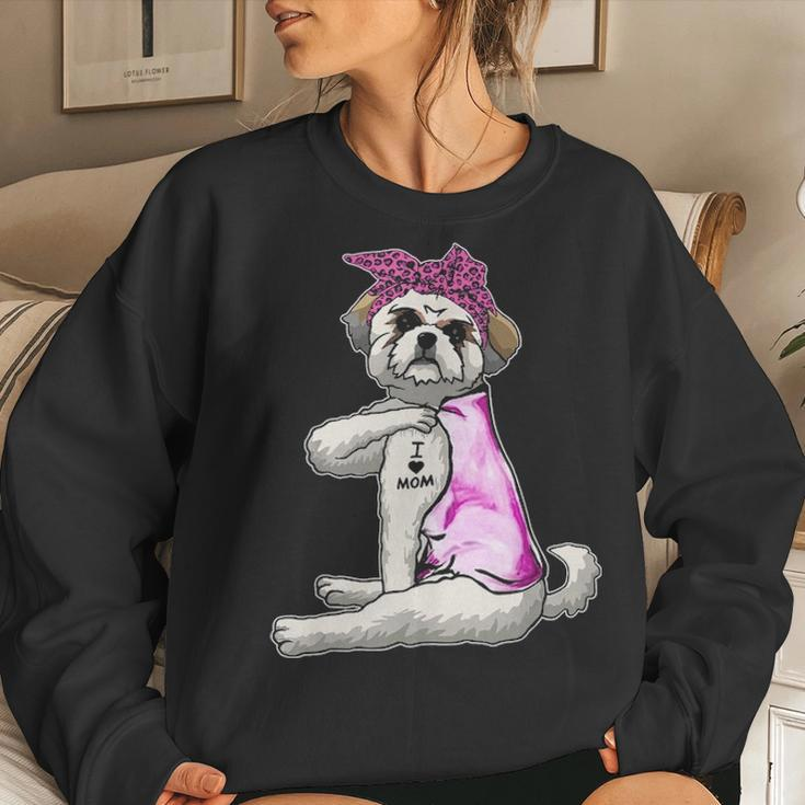 Funny Strong Shih Tzu Dog I Love Mom Tattoo Shih Tzu Mom Women Crewneck Graphic Sweatshirt Gifts for Her