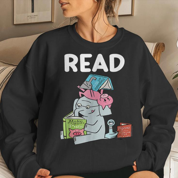 Funny Teacher Library Read Book Club Piggie Elephant Pigeons V6 Women Crewneck Graphic Sweatshirt Gifts for Her