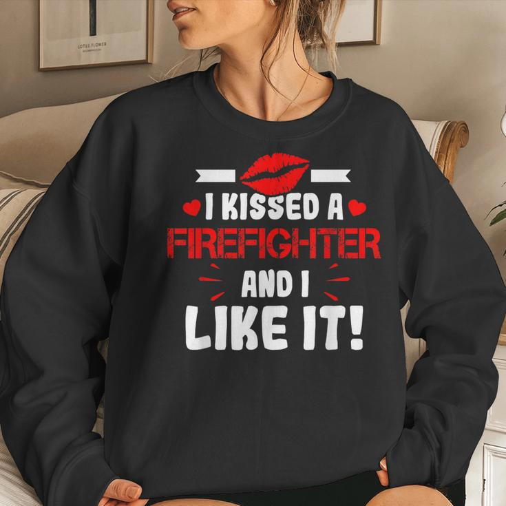 I Kissed A Firefighter And I Like It Wife Girlfriend Gift Women Crewneck Graphic Sweatshirt Gifts for Her